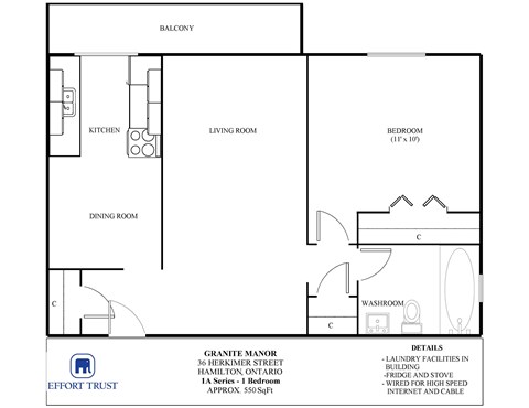 A floor plan of a one bedroom apartment with a kitchen and living room.